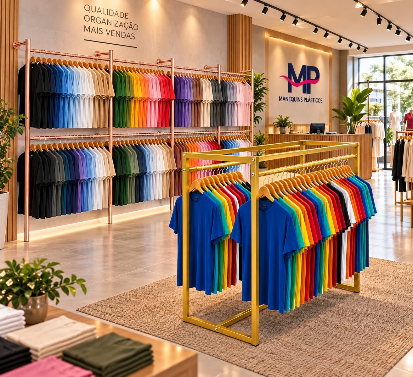 Loja de roupas com araras douradas e manequins em exposição