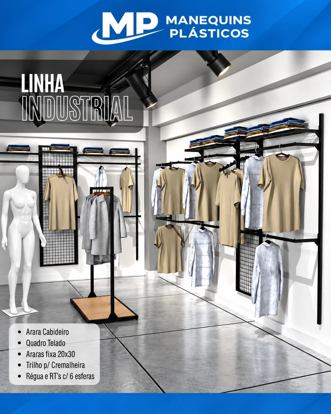Loja de roupas com araras pretas de parede e de chão em ambiente claro